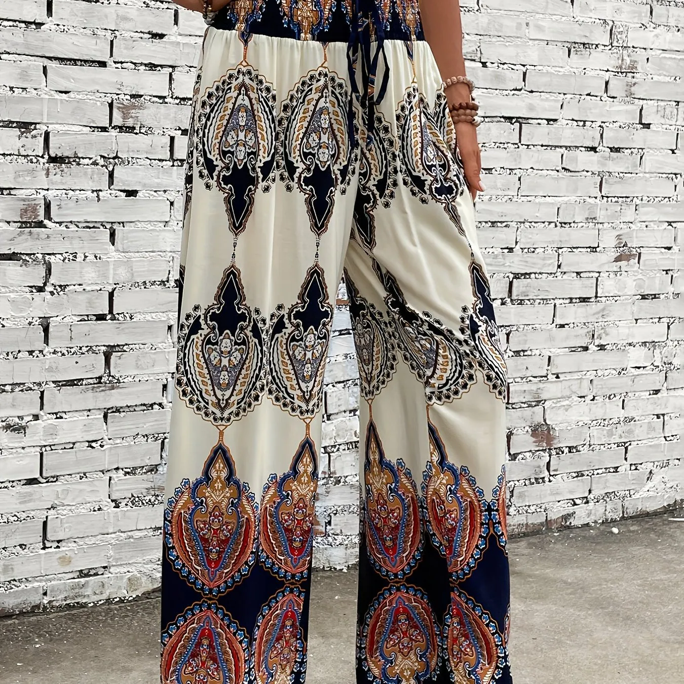 Bohemian Ethnic Graphic Print Pants - Flowy Wide Leg, Elastic Shirred Waist, Womens Fashionable Casual Wear