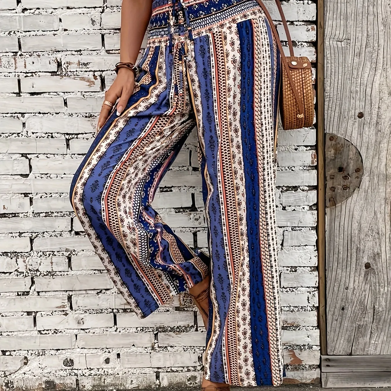 Bohemian Ethnic Graphic Print Pants - Flowy Wide Leg, Elastic Shirred Waist, Womens Fashionable Casual Wear