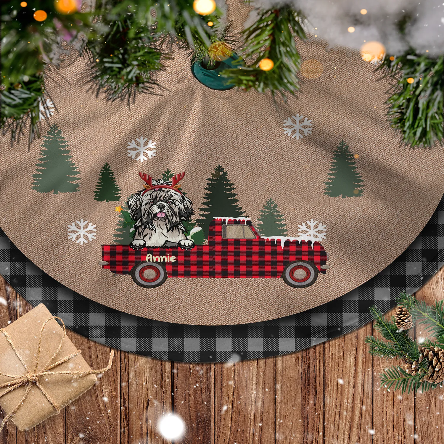 Dog-On-The-Car Personalized Christmas Pencil Tree Skirt
