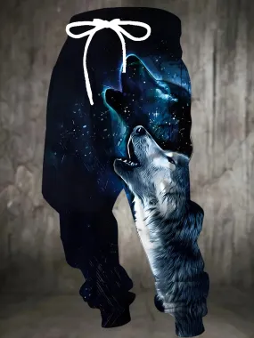 Men's Wolf Print Joggers with Drawstring & Pockets - Casual, Stretchy Polyester Sweatpants for Outdoor Activities