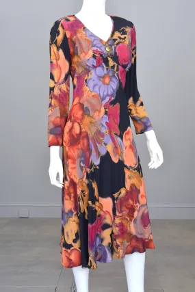 Vintage Carole Little 1990's does 70's Watercolor Floral Print Hippie Gypsy Midi Babydoll Dress
