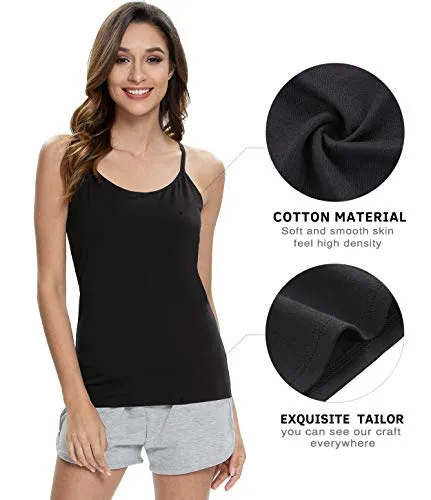 Vislivin Womens Cotton Camisole Adjustable Strap Tank Tops with Shelf Bra Stretch Undershirts 3 Pack Black/White/Gray L