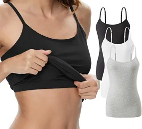 Vislivin Womens Cotton Camisole Adjustable Strap Tank Tops with Shelf Bra Stretch Undershirts 3 Pack Black/White/Gray L