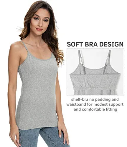 Vislivin Womens Cotton Camisole Adjustable Strap Tank Tops with Shelf Bra Stretch Undershirts 3 Pack Black/White/Gray L