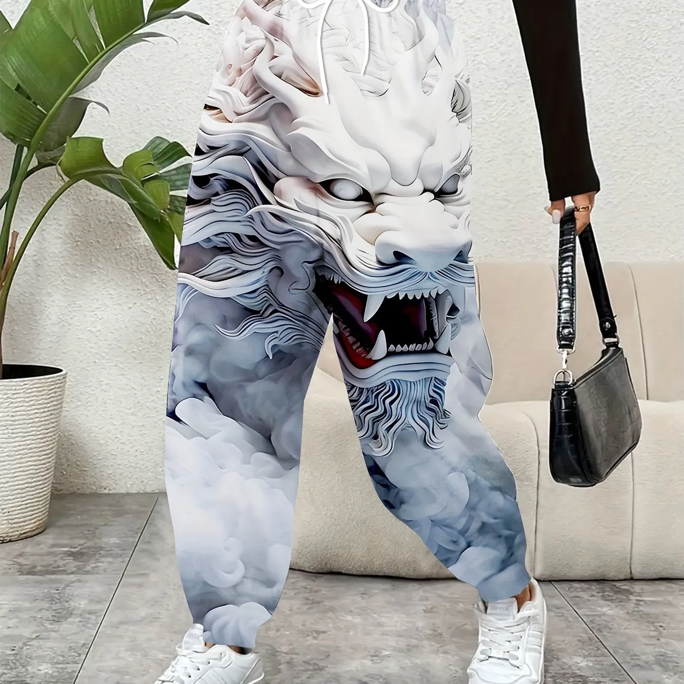 White Dragon Print Elastic Waist Sporty Pants, Casual Baggy Drawstring With Pockets Pants For Every Day - Women's Clothing - Breathable Fabric - Suitable for Sports, Loungewear & Casual Wear - Perfect Gift for Fashionable Women