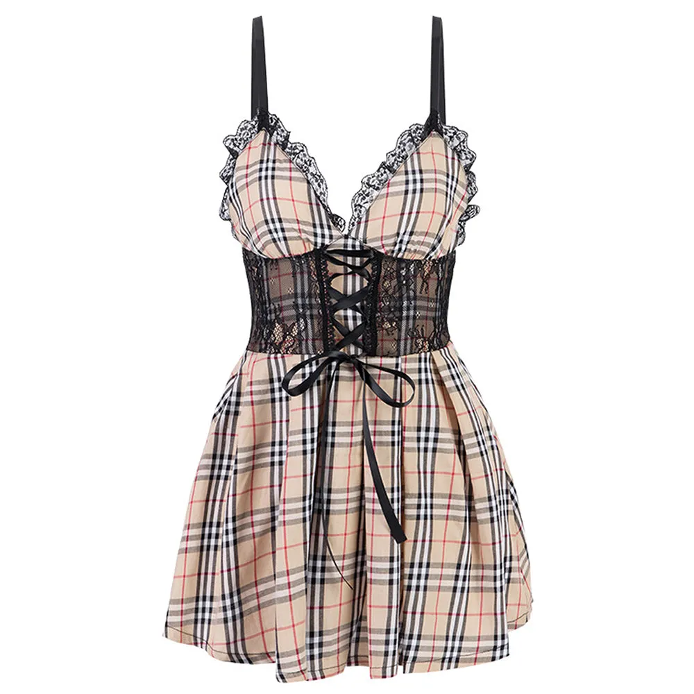 Yomorio Plaid Lingerie Dress Sexy Deep V Neck Lace Babydoll Lace-Up Backless Sleepwear